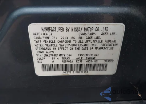 2007 Infiniti G35 Journey from USA, damaged, VIN JNKBV61E17M721324